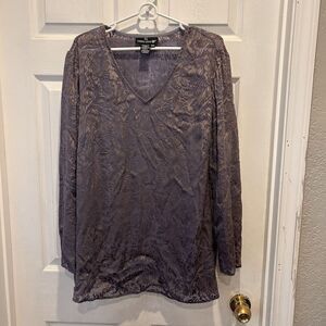 Carole Little Purple Gray Leaf Pattern Silk Blend V-Neck Blouse Top 18W‎ USA